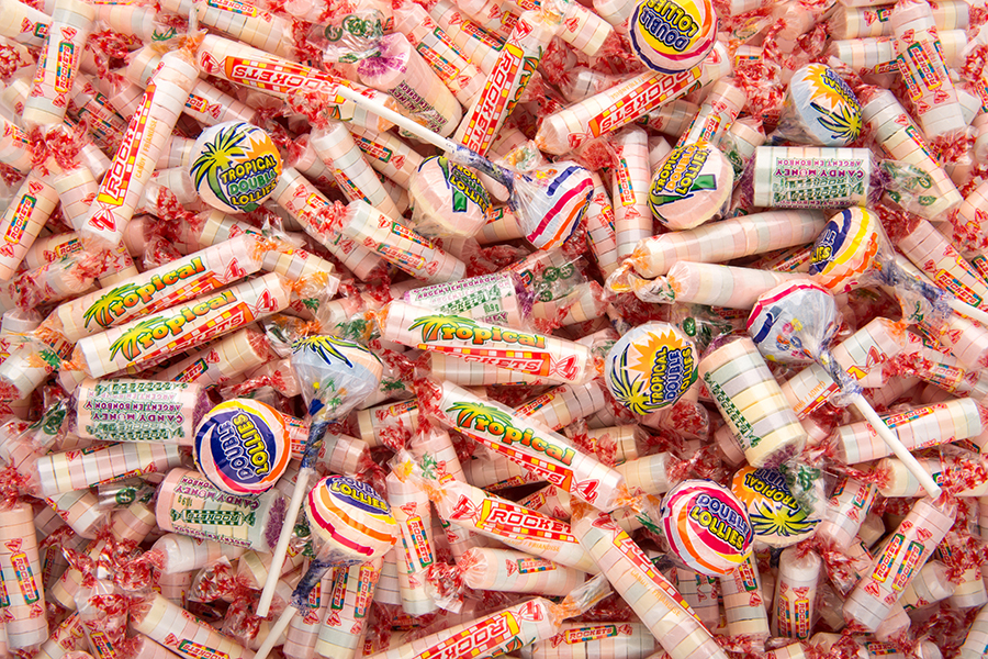 A cluster of various Rockets candies piled on top of eachother.