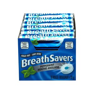 Peppermint Breath Savers Rolls in Display Box on white background