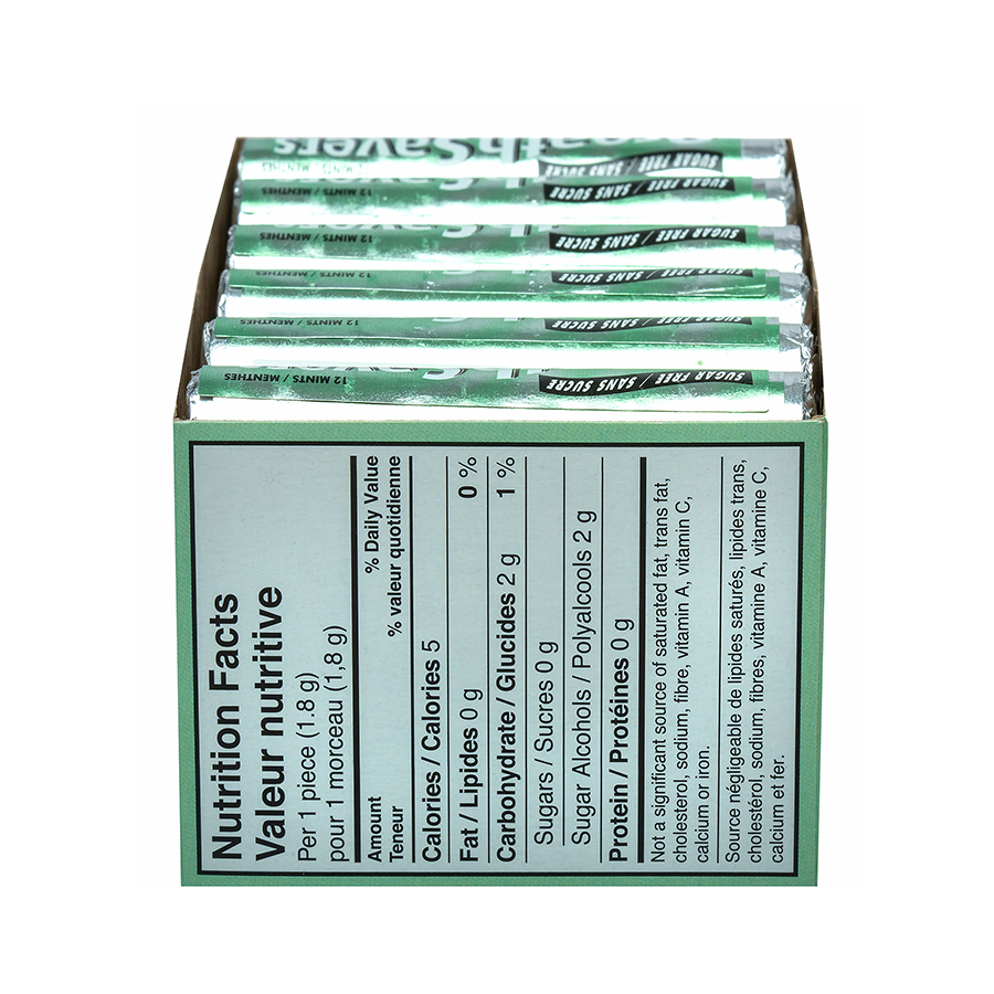 Spearmint Breath Savers rolls back of display box on white background