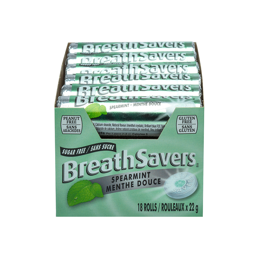 Spearmint Breath Savers rolls in display box on white background