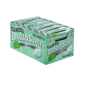 Spearmint Breath Savers rolls in display box on white background