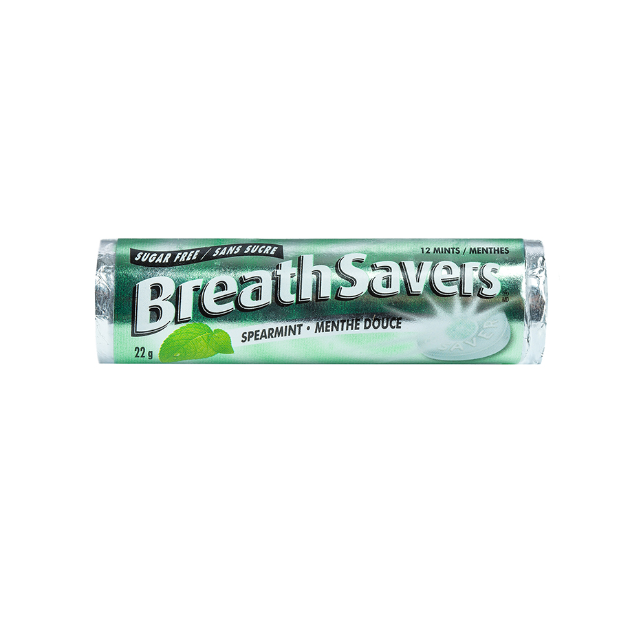 Spearmint Breath Savers roll on white background