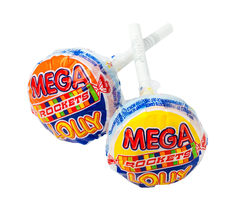 IMAGE OF TWO ROCKETS MEGAL LOLLIES ON WHITE BACKGROUND.