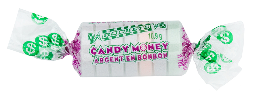 ROCKETS CANDY MONEY SINGLE ROLL ON WHITE BACKGROUND.
