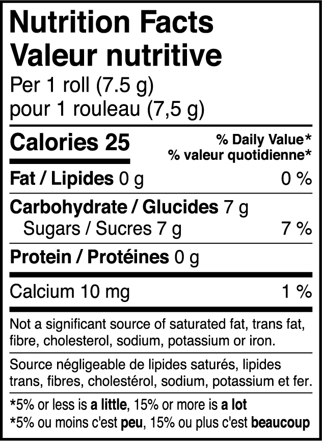 Rockets Candy rolls nutrition facts image.