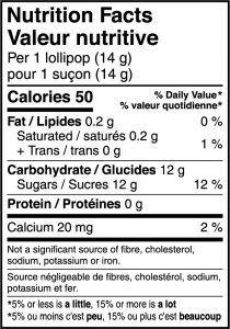 Rockets Lollies nutrition facts image.