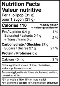 Rockets Lollies nutrition facts image.