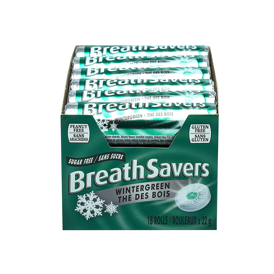 Wintergreen Breath Savers Rolls in display box on white background