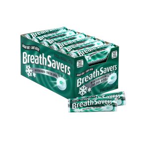 Wintergreen Breath Savers Rolls in display box on white background with two rolls out